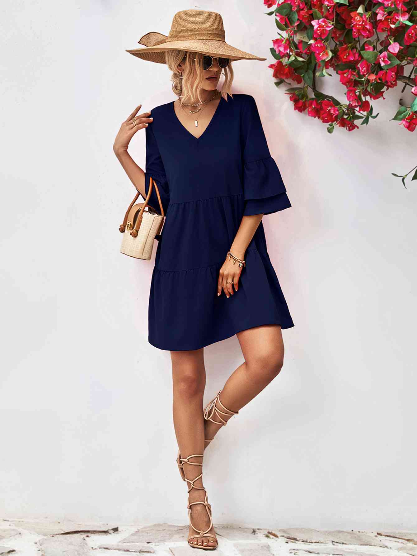 V-Neck Flare Sleeve Mini Dress - TRENDMELO