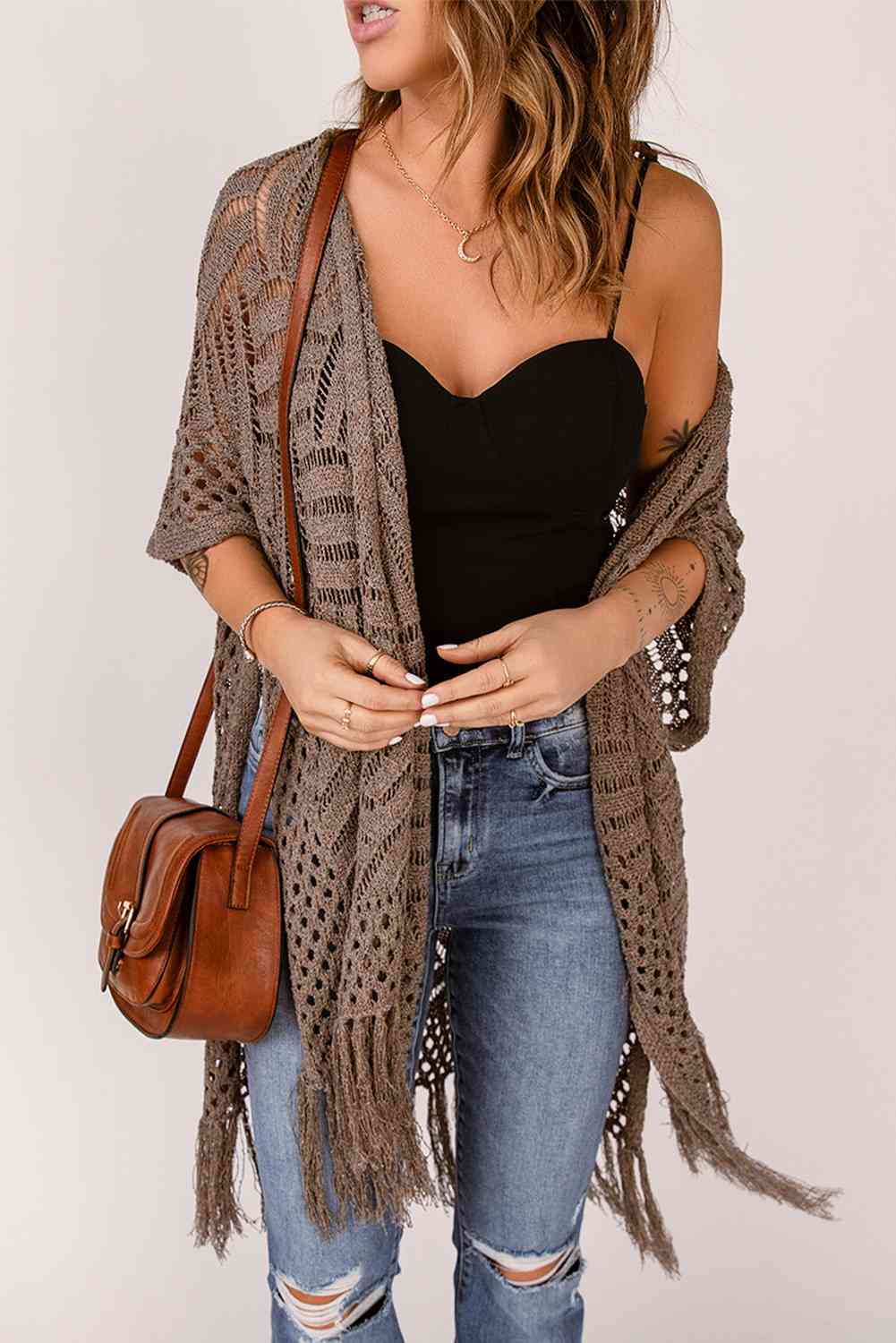 Fringe Hem Slit Open Front Cardigan - TRENDMELO