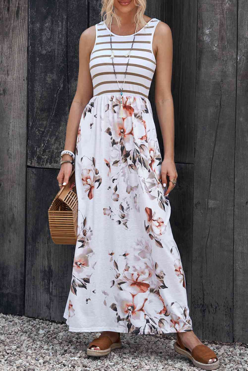 Striped Floral Round Neck Sleeveless Maxi Dress - TRENDMELO