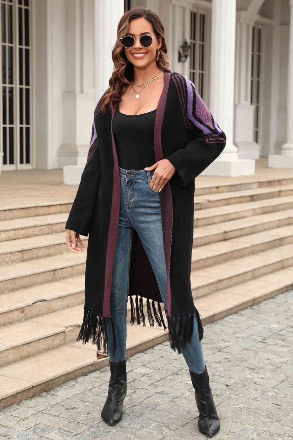 Double Take Geometric Fringe Hem Open Front Duster Cardigan - TRENDMELO