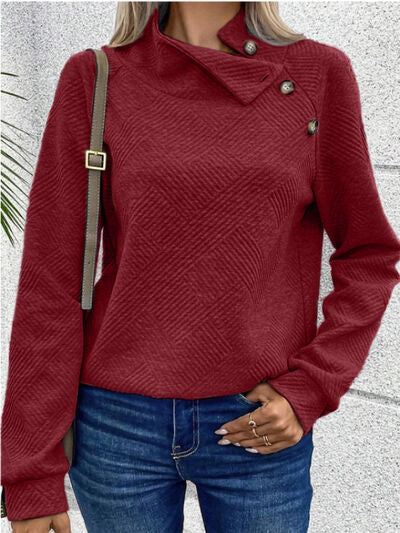 Buttoned Mock Neck Long Sleeve Sweatshirt - TRENDMELO