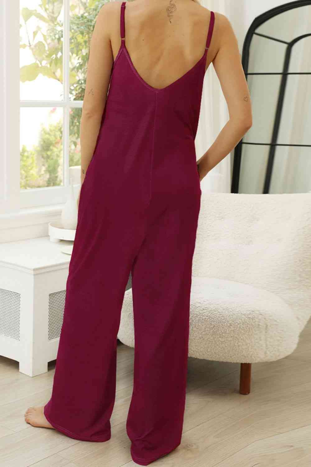 Scoop Neck Spaghetti Strap Pocket Jumpsuit - TRENDMELO