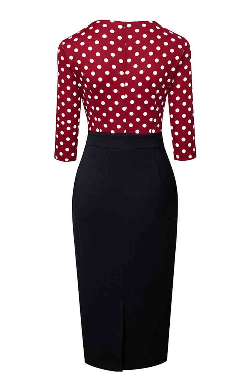 Surplice Neck Polka Dot Pencil Dress - TRENDMELO