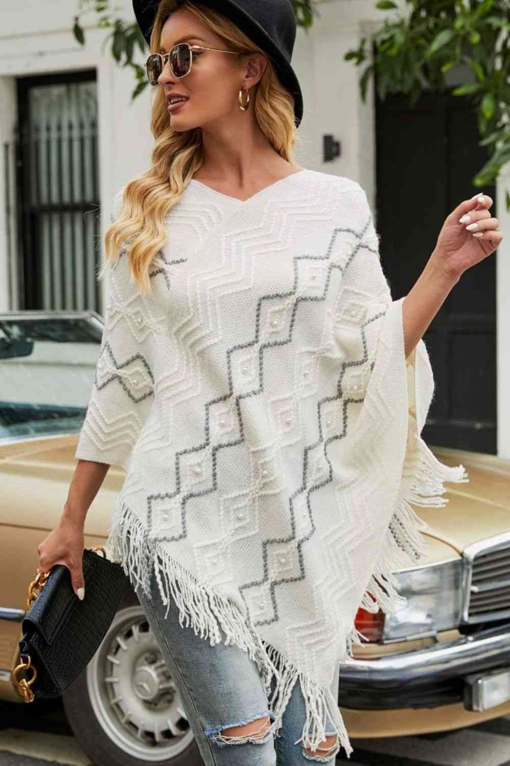 Pearl Trim V-Neck Fringe Hem Poncho - TRENDMELO