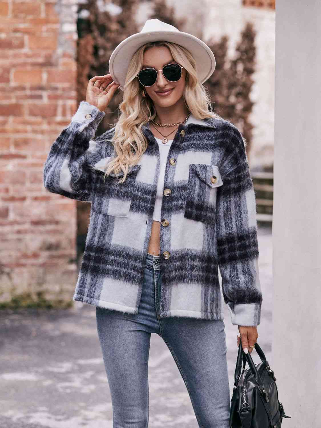 Plaid Dropped Shoulder Collared Jacket - TRENDMELO