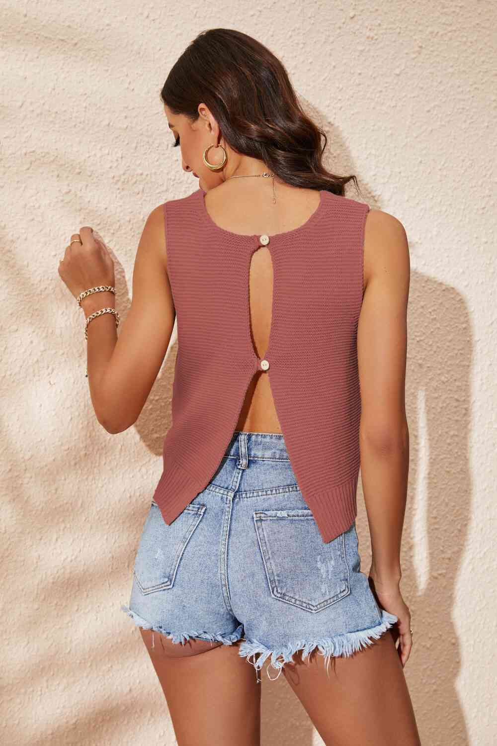 Buttoned Cutout Ribbed Trim Knit Tank - TRENDMELO