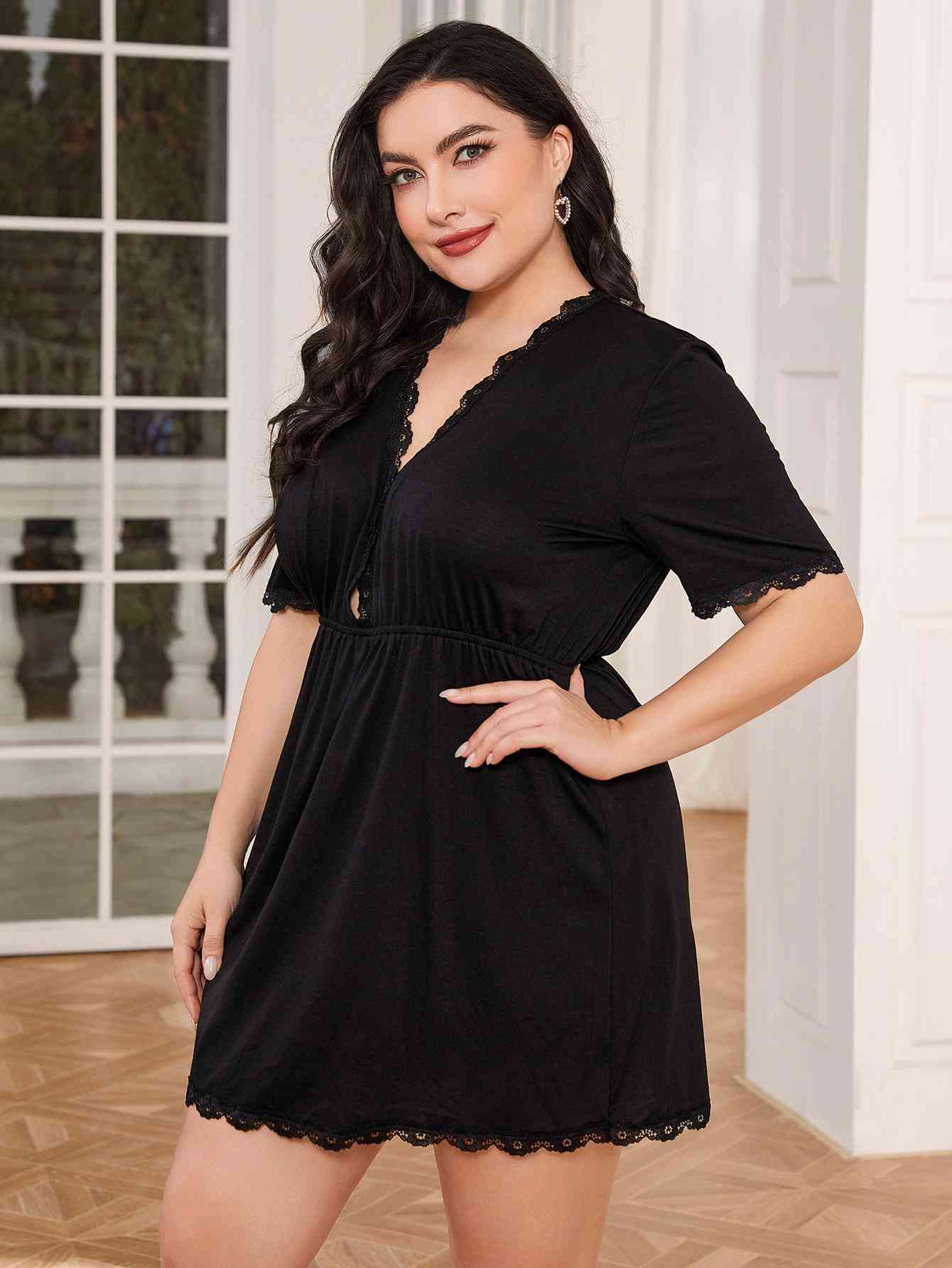 Plus Size Lace Trim Deep V Night Dress - TRENDMELO