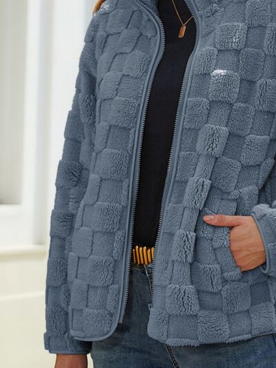 Fuzzy Checkered Zip Up Jacket - TRENDMELO