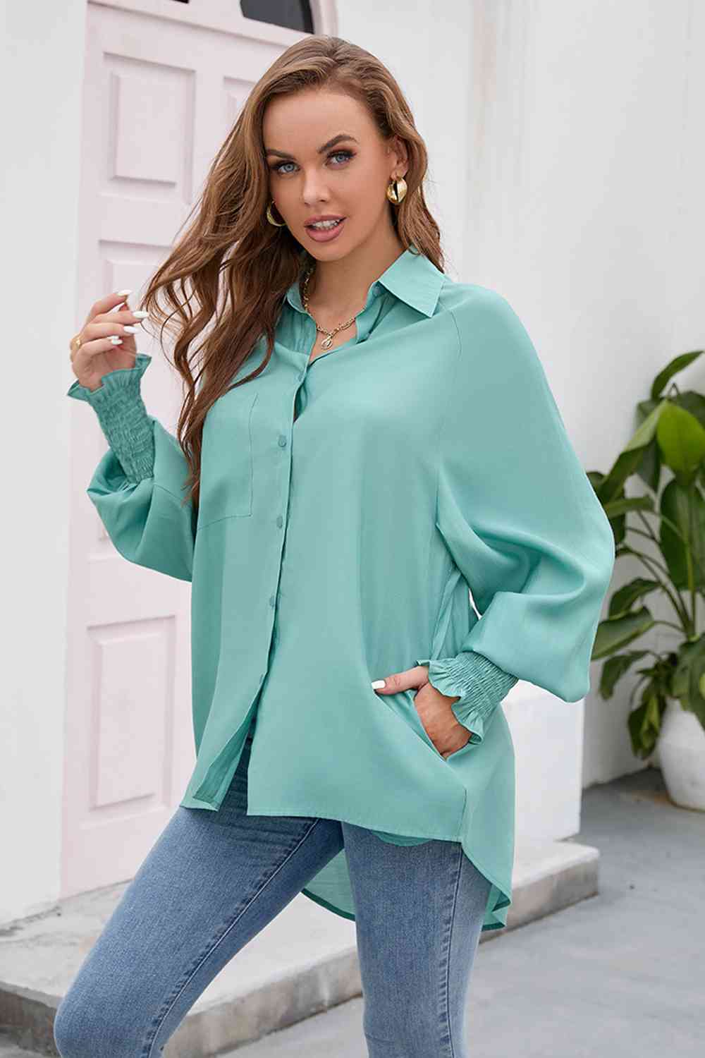 High-Low Collared Neck Lantern Sleeve Shirt - TRENDMELO