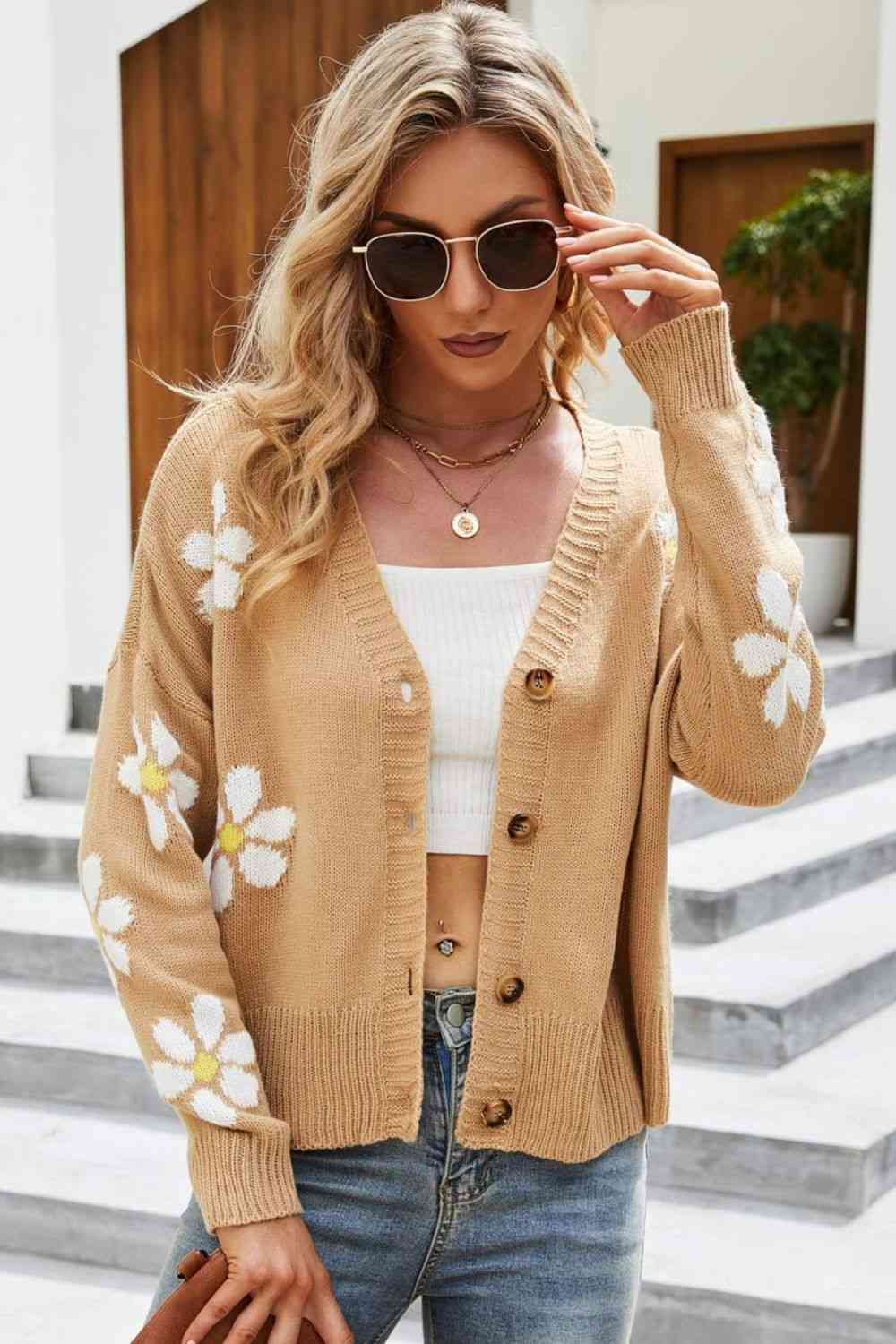 Floral Ribbed Trim Drop Shoulder Cardigan - TRENDMELO