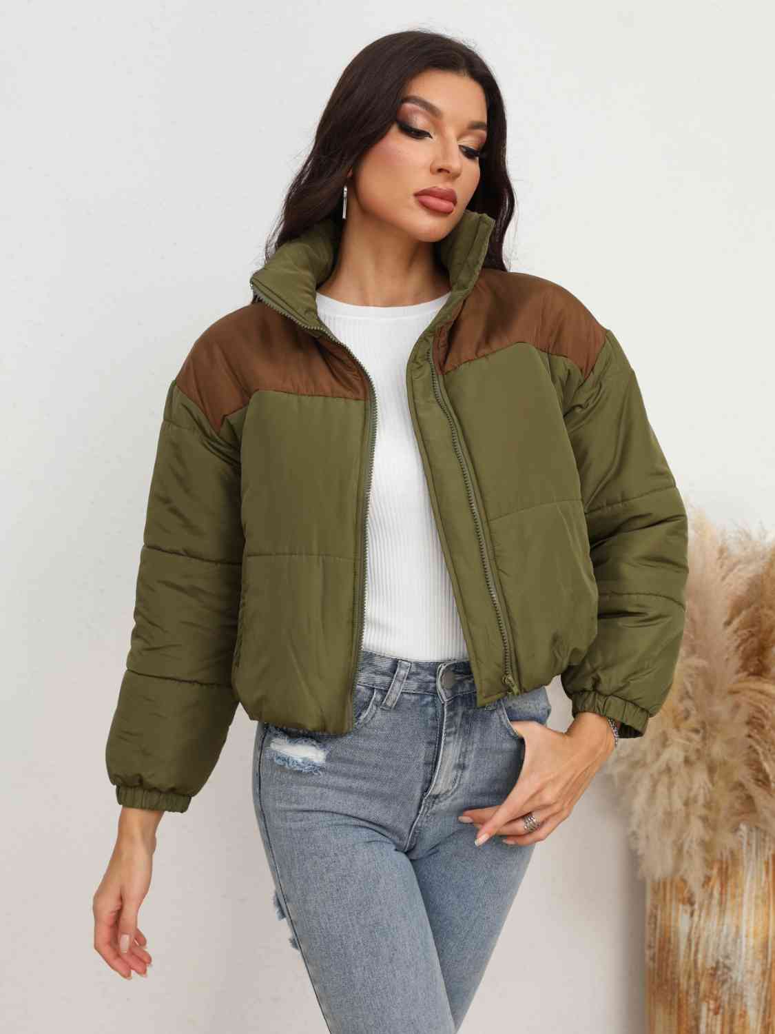 Two-Tone Zip-Up Puffer Jacket - TRENDMELO