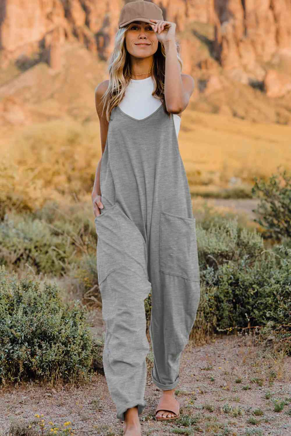 Double Take Full Size V-Neck Sleeveless Jumpsuit with Pockets - TRENDMELO