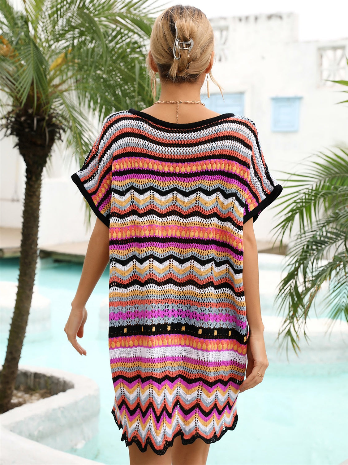 Rainbow Stripe Scalloped V-Neck Cover-Up Dress - TRENDMELO