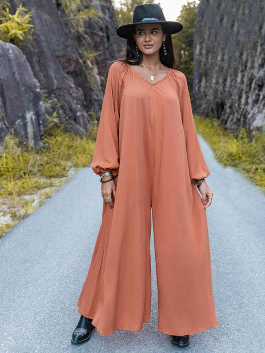 V-Neck Long Sleeve Wide Leg Jumpsuit - TRENDMELO