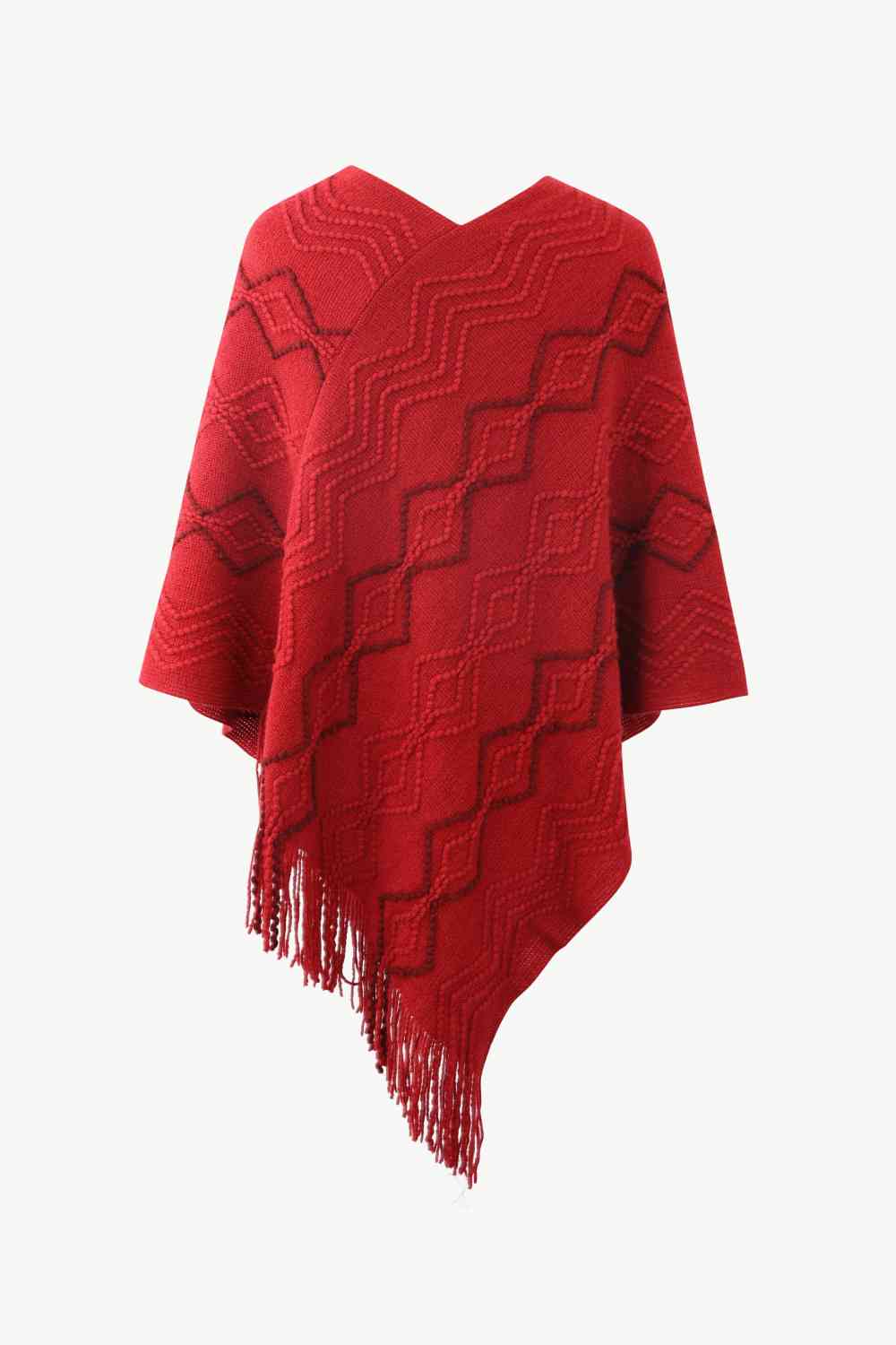 Pearl Trim V-Neck Fringe Hem Poncho - TRENDMELO