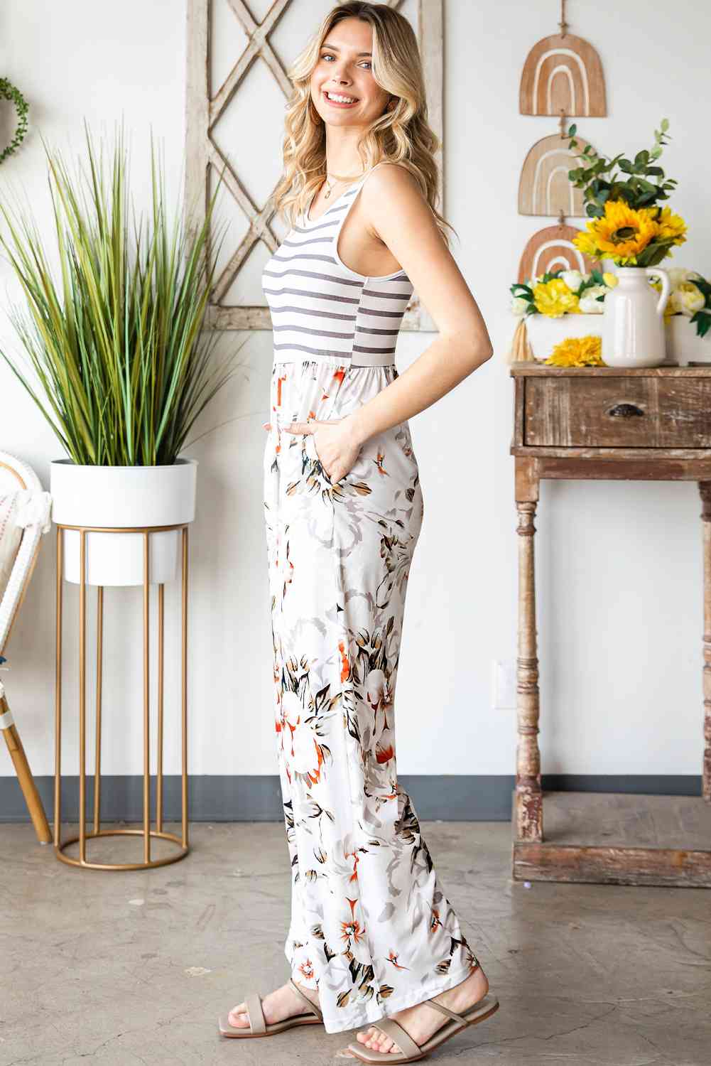 Striped Floral Sleeveless Wide Leg Jumpsuit with Pockets - TRENDMELO