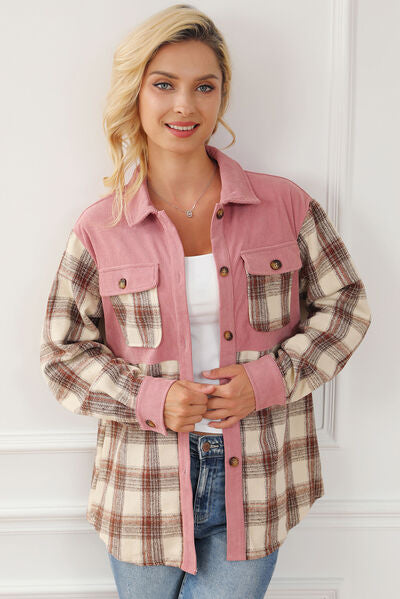 Button Up Plaid Collared Neck Jacket - TRENDMELO