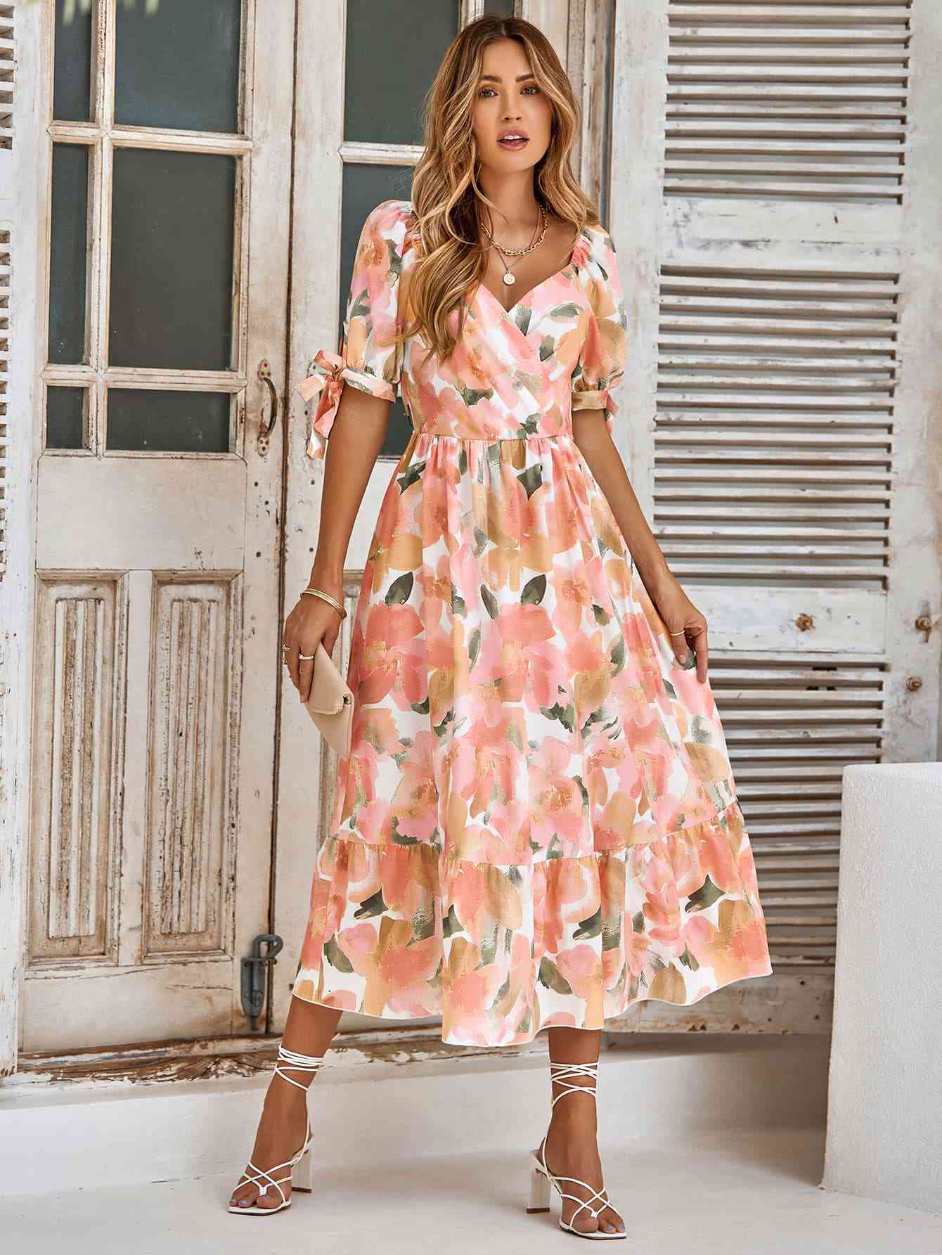 Floral Tie Cuff Surplice Neck Dress - TRENDMELO