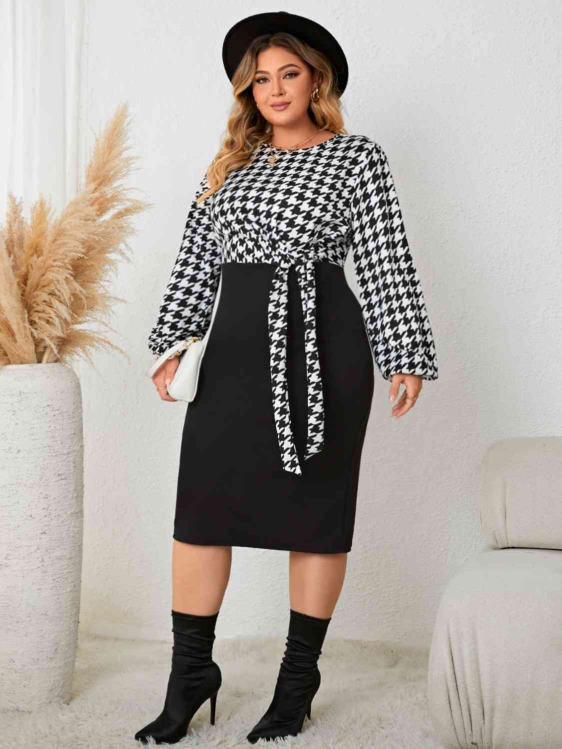 Plus Size Houndstooth Tied Long Sleeve Dress - TRENDMELO