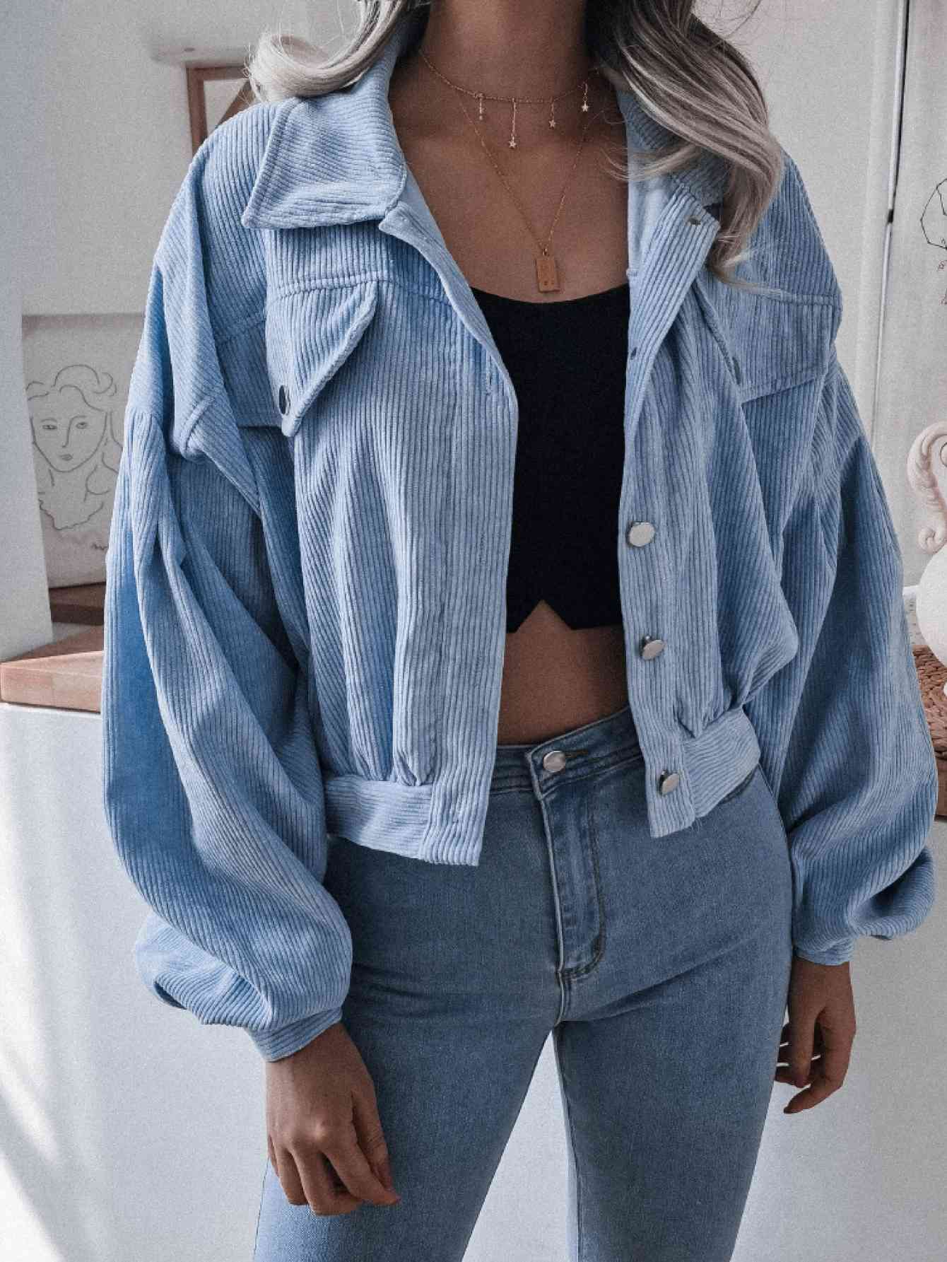 Lantern Sleeve Cropped Corduroy Jacket - TRENDMELO