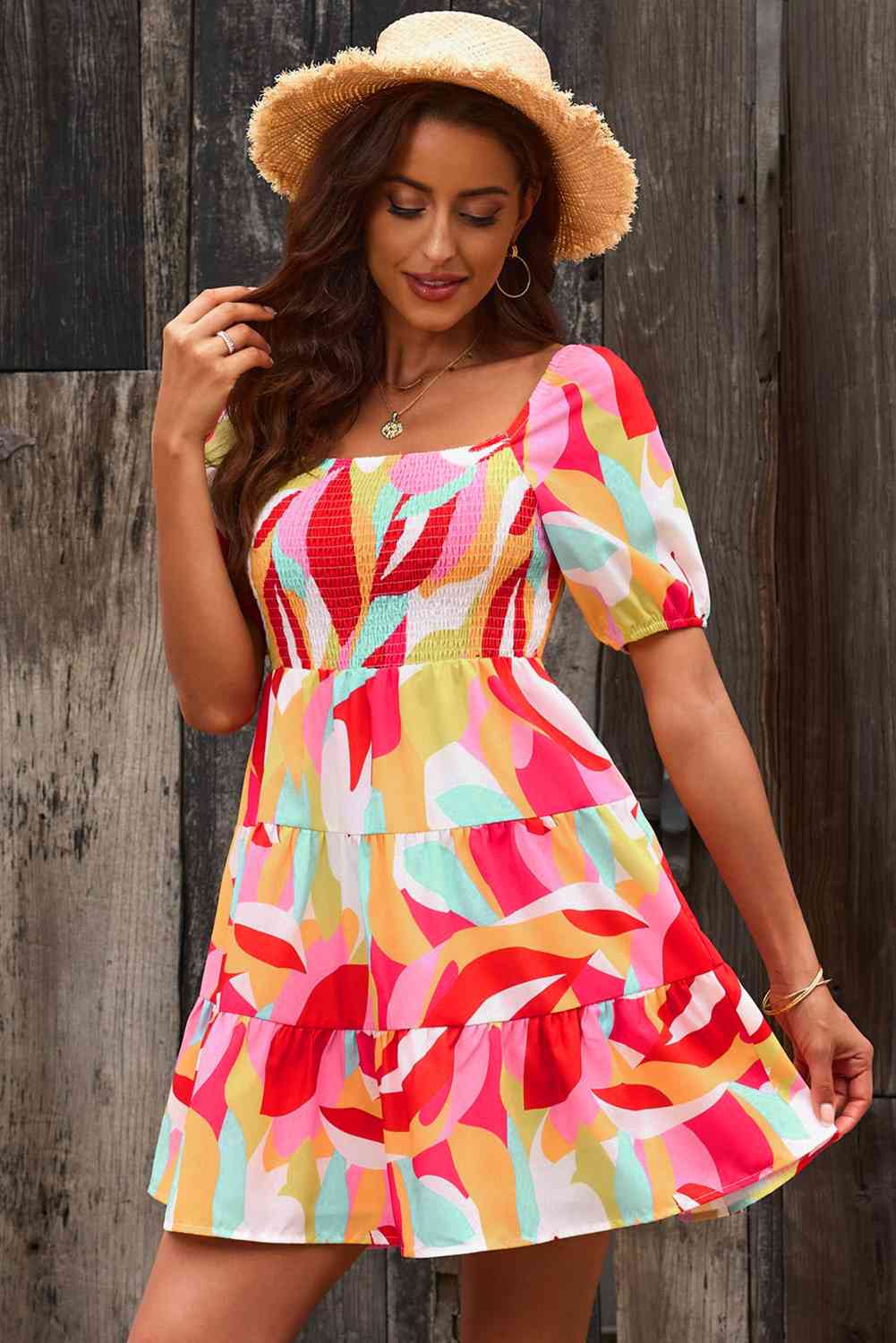 Multicolored Square Neck Smocked Mini Dress - TRENDMELO