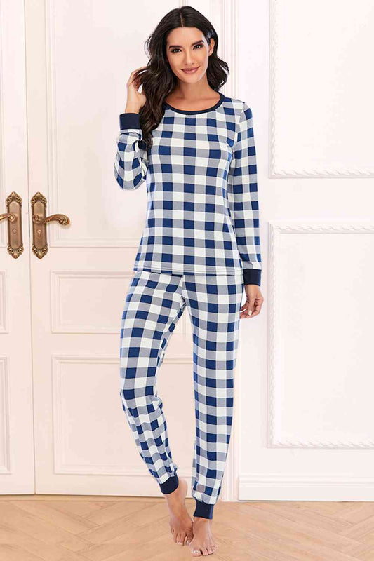 Plaid Round Neck Top and Pants Set - TRENDMELO