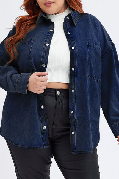 Plus Size Snap Down Pocketed Denim Jacket - TRENDMELO