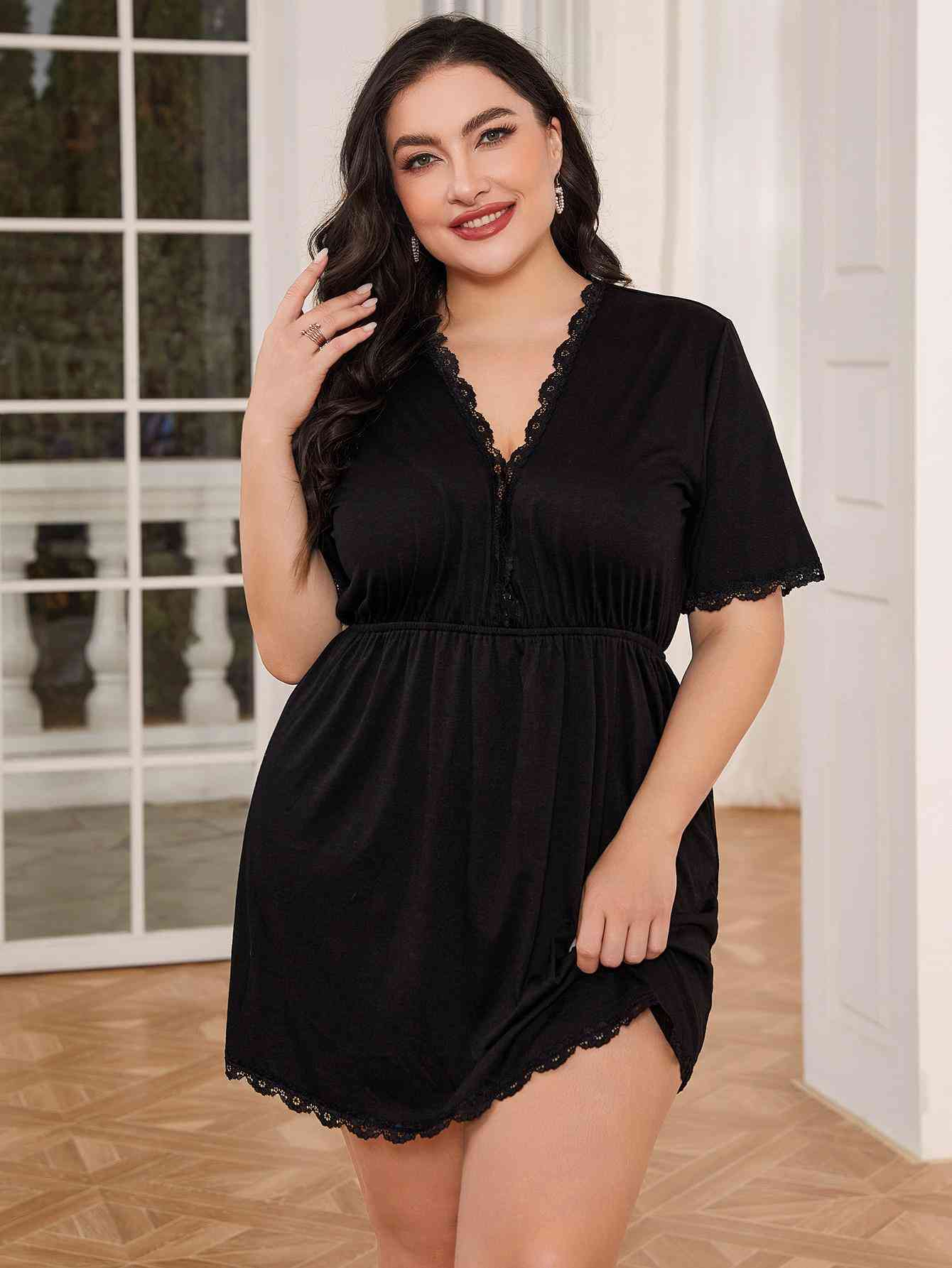 Plus Size Lace Trim Deep V Night Dress - TRENDMELO