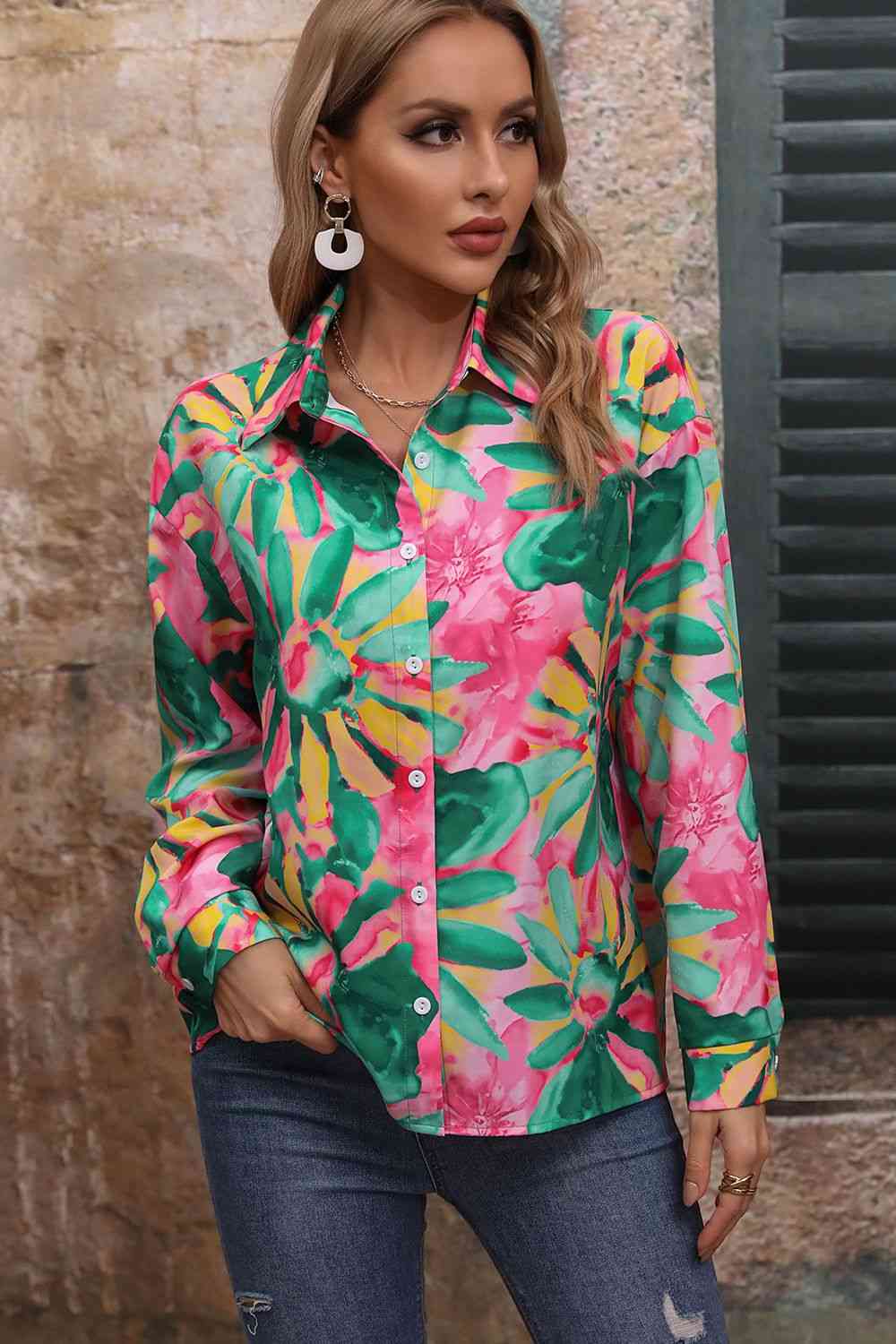 Floral Print Collared Neck Long Sleeve Shirt - TRENDMELO