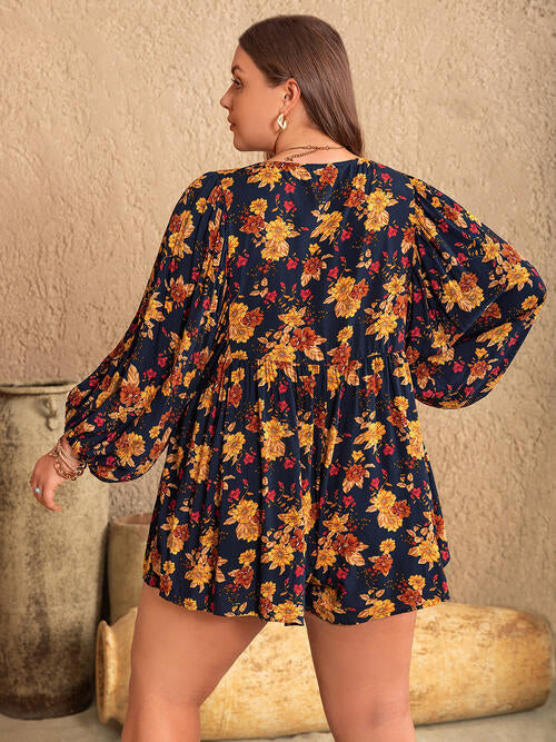 Plus Size Floral Tie Neck Balloon Sleeve Romper - TRENDMELO