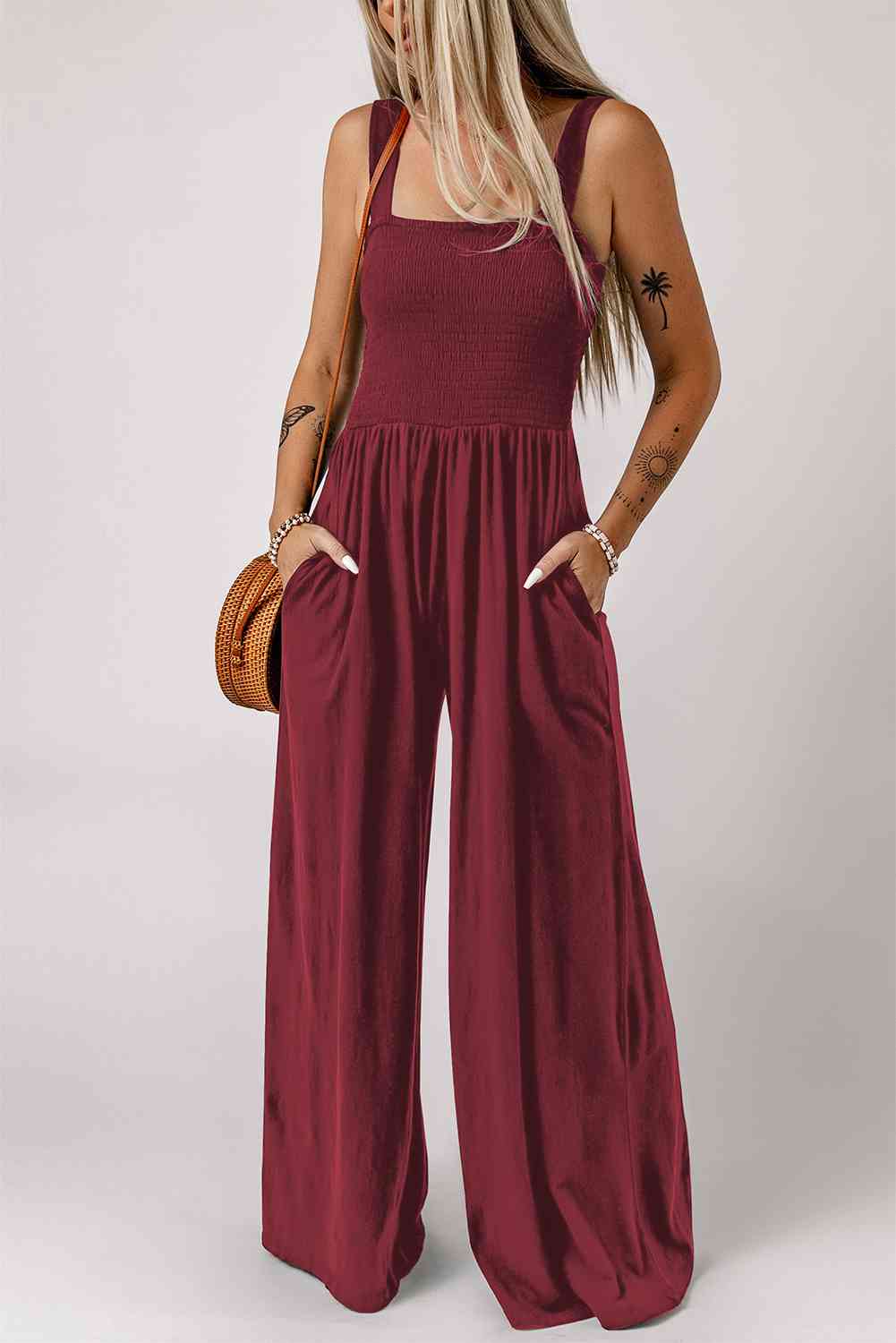 Smocked Square Neck Wide Leg Jumpsuit with Pockets - TRENDMELO