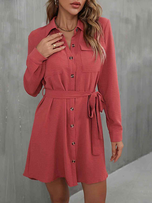 Button Down Belted Long Sleeve Shirt Dress - TRENDMELO