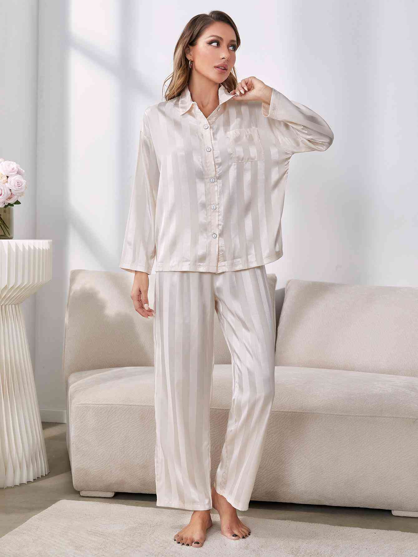 Button-Up Shirt and Pants Pajama Set - TRENDMELO