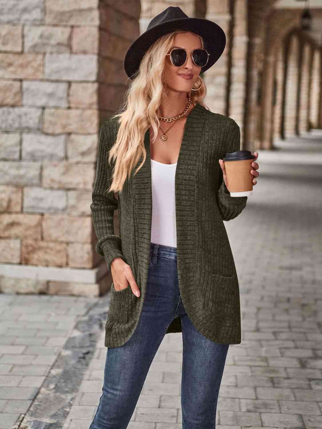 Open Front Cardigan with Pockets - TRENDMELO