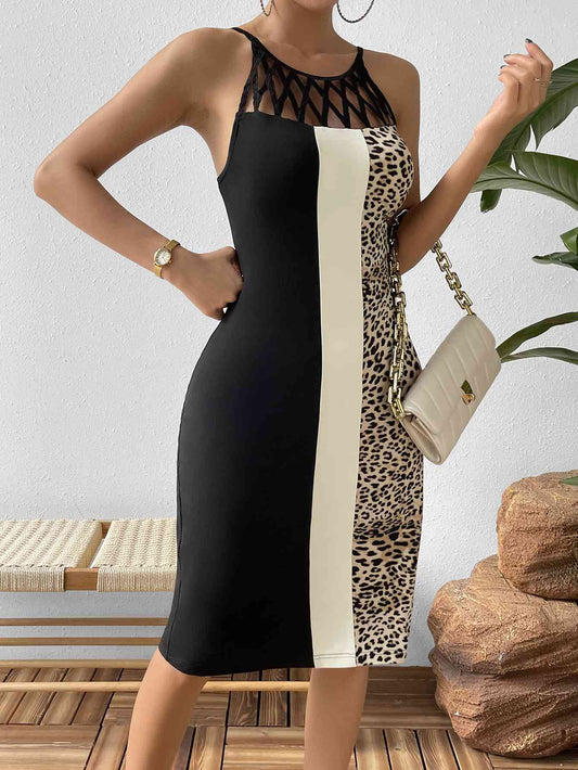 Leopard Color Block Cutout Sleeveless Knee-Length Dress - TRENDMELO