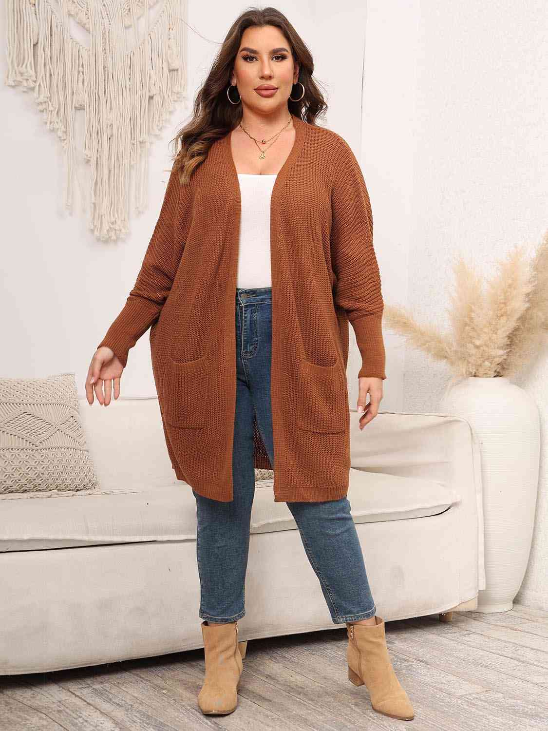 Plus Size Open Front Cardigan With Pockets - TRENDMELO