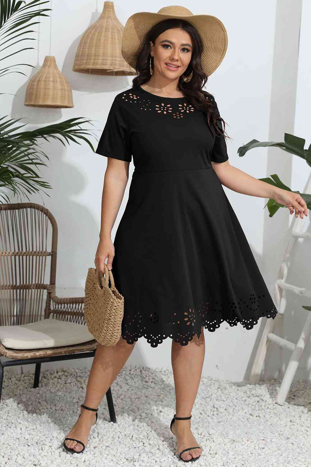 Plus Size Round Neck Openwork Dress - TRENDMELO