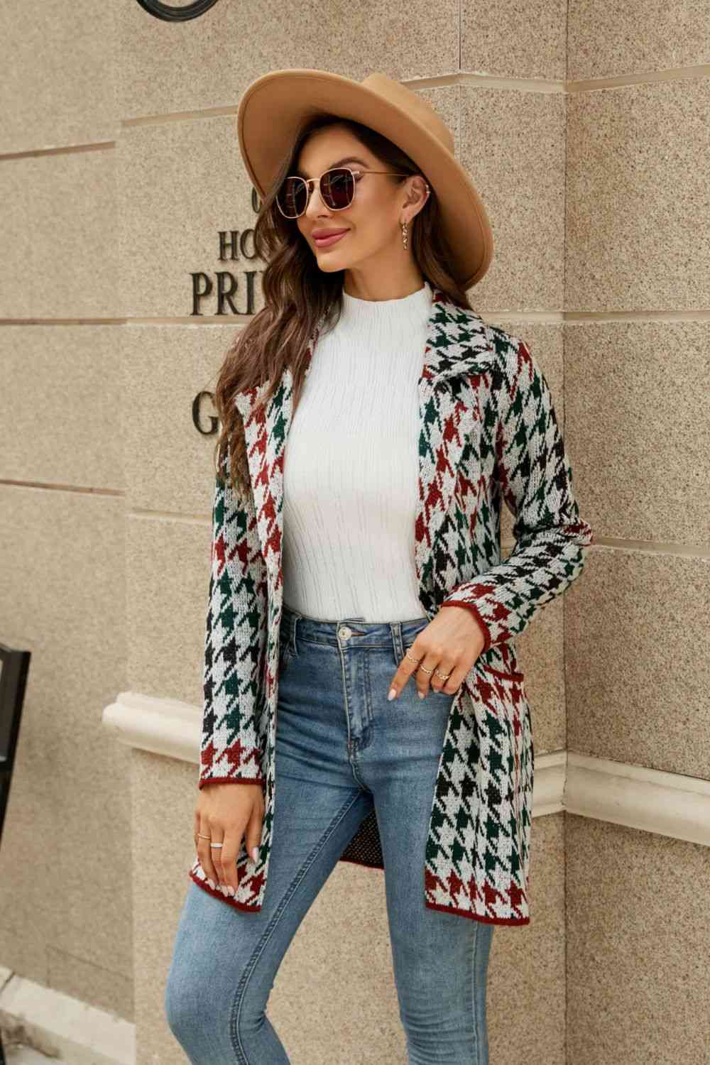 Double Take Printed Open Front Lapel Collar Cardigan with Pockets - TRENDMELO