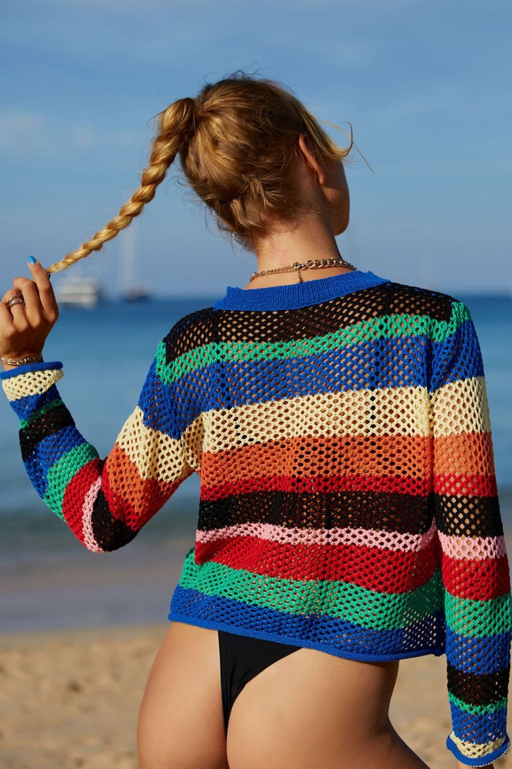 Rainbow Stripe Openwork Long Sleeve Cover-Up - TRENDMELO