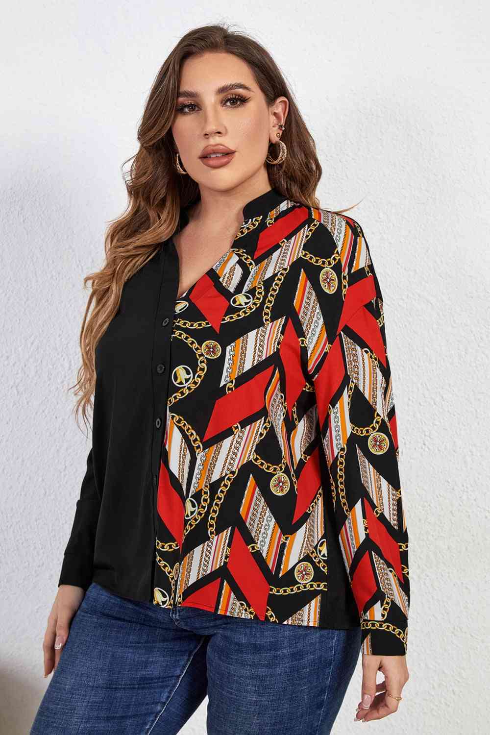 Melo Apparel Plus Size Contrast Color Notched Neck Shirt - TRENDMELO