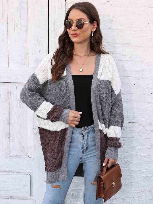 Color Block Open Front Cardigan - TRENDMELO