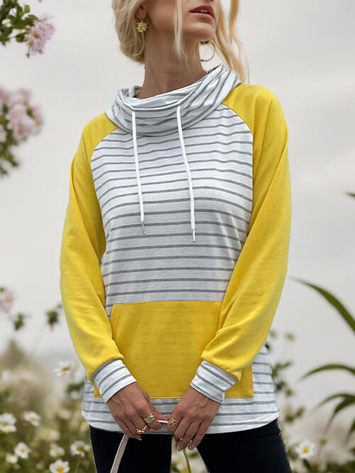 Contrast Striped Drawstring Long Sleeve Sweatshirt - TRENDMELO