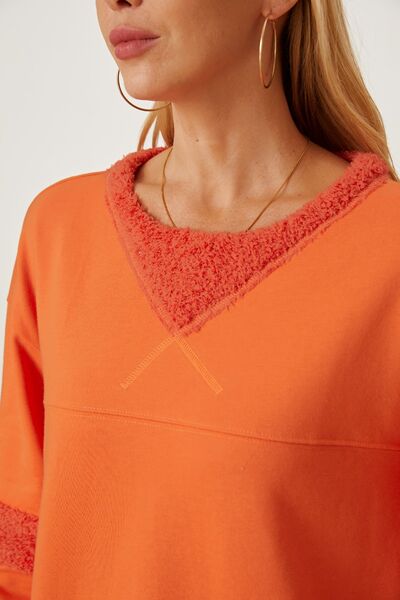 Slit Round Neck Dropped Shoulder Sweatshirt - TRENDMELO