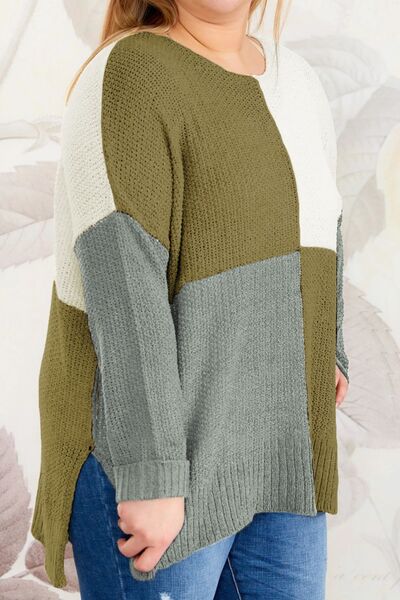 Plus Size Color Block Round Neck Sweater - TRENDMELO