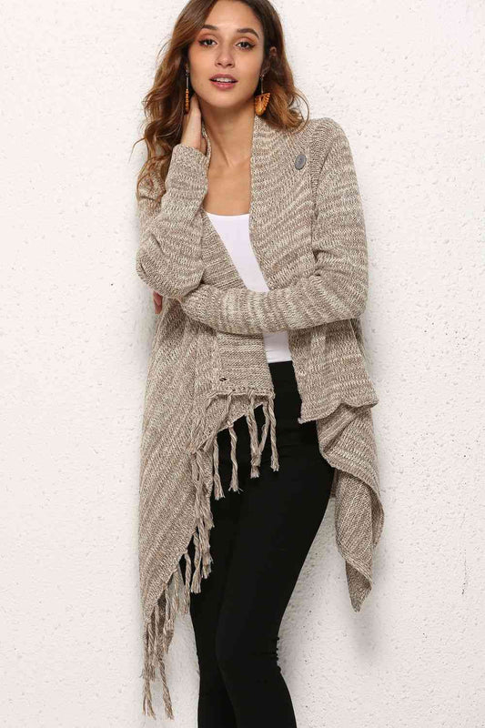 One-Button Tassel Tie Asymmetrical Hem Cardigan - TRENDMELO