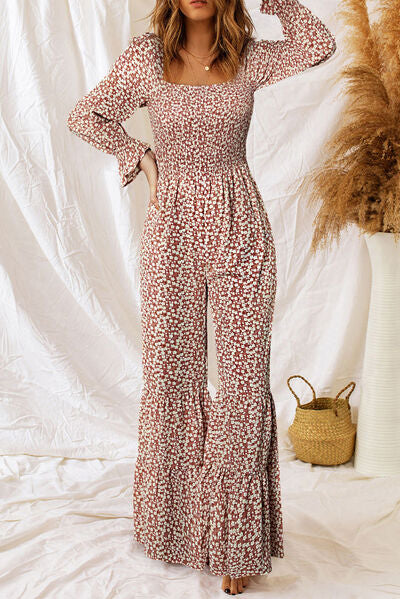 Floral Smocked Flounce Sleeve Square Neck Jumpsuit - TRENDMELO