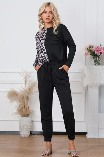 Leopard Round Neck Top and Drawstring Pants Lounge Set - TRENDMELO