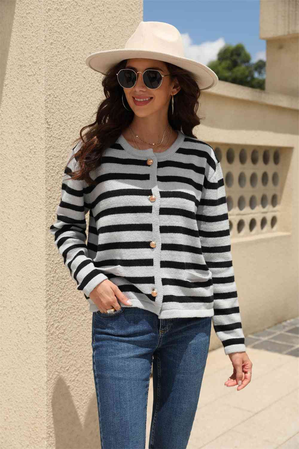 Striped Round Neck Button-Down Dropped Shoulder Cardigan - TRENDMELO