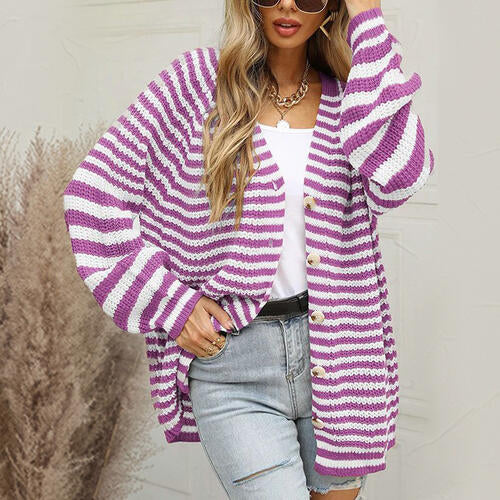 Striped Button Down Long Sleeve Cardigan - TRENDMELO