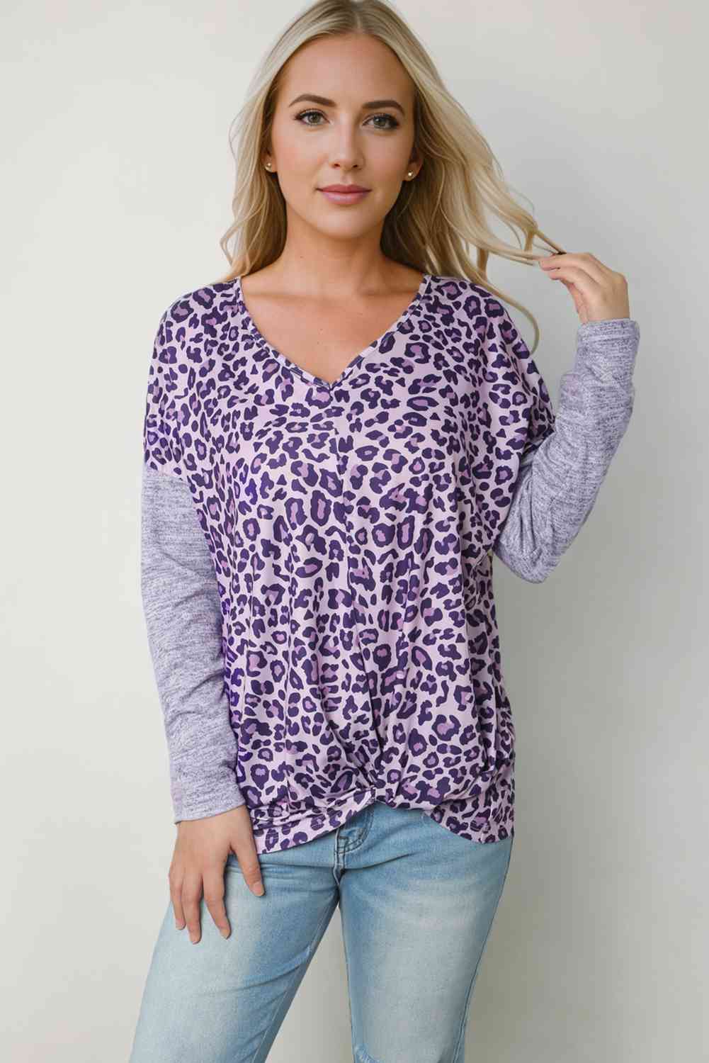 Leopard V-Neck Long Sleeve T-Shirt - TRENDMELO